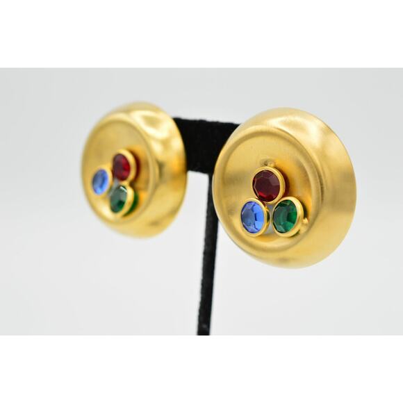 Vintage Crystal Clip Earrings Brushed Gold Rhinestone Chunky USA Signed NOS A21 - Picture 2 of 11